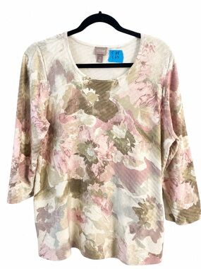 Chico's Cream Floral Watercolor 3/4 Sleeve Textured Sweater
